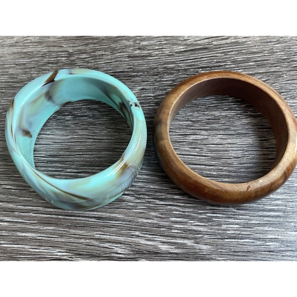 Vintage Wood & Groovy Acrylic Bangle Bracelets Wavy Stacking Thick Chunky Sz 8”